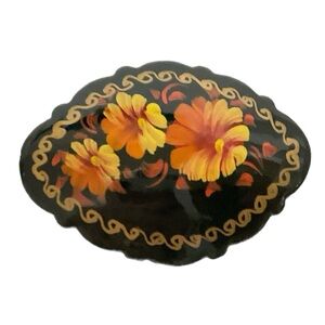 Lacquer Brooch - Handmade Scalloped Diamond Shape with Painted Flowers
